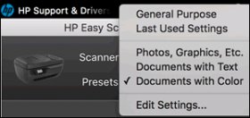 Presets menu in HP effortless Scan