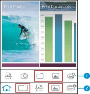 The homescreen showing Print papers and Print Photos tiles, plus the document and picture icons highlighted for Andriod and Apple iOS products